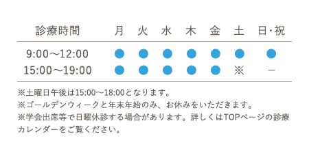 診療時間 9:00～12:00 15:00～19:00 ※土曜日午後は15:00～18:00となります。日・祝：午後休み